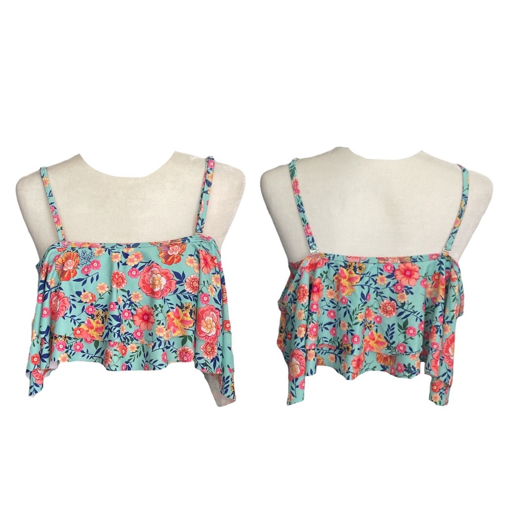 Hello Summer Bikini Top Womens size XXL Green Floral Off Shoulder Ruffle NEW